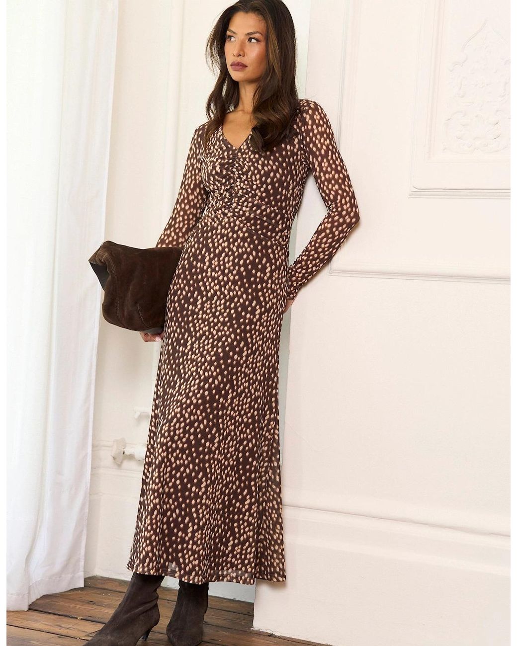 Gini London Brown Animal Mesh Ruched Front Midaxi Dress