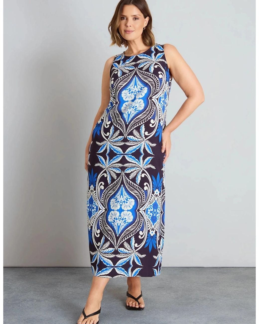 Live Unlimited London Blue Petite Petite Placement Print Sleeveless Maxi Dress