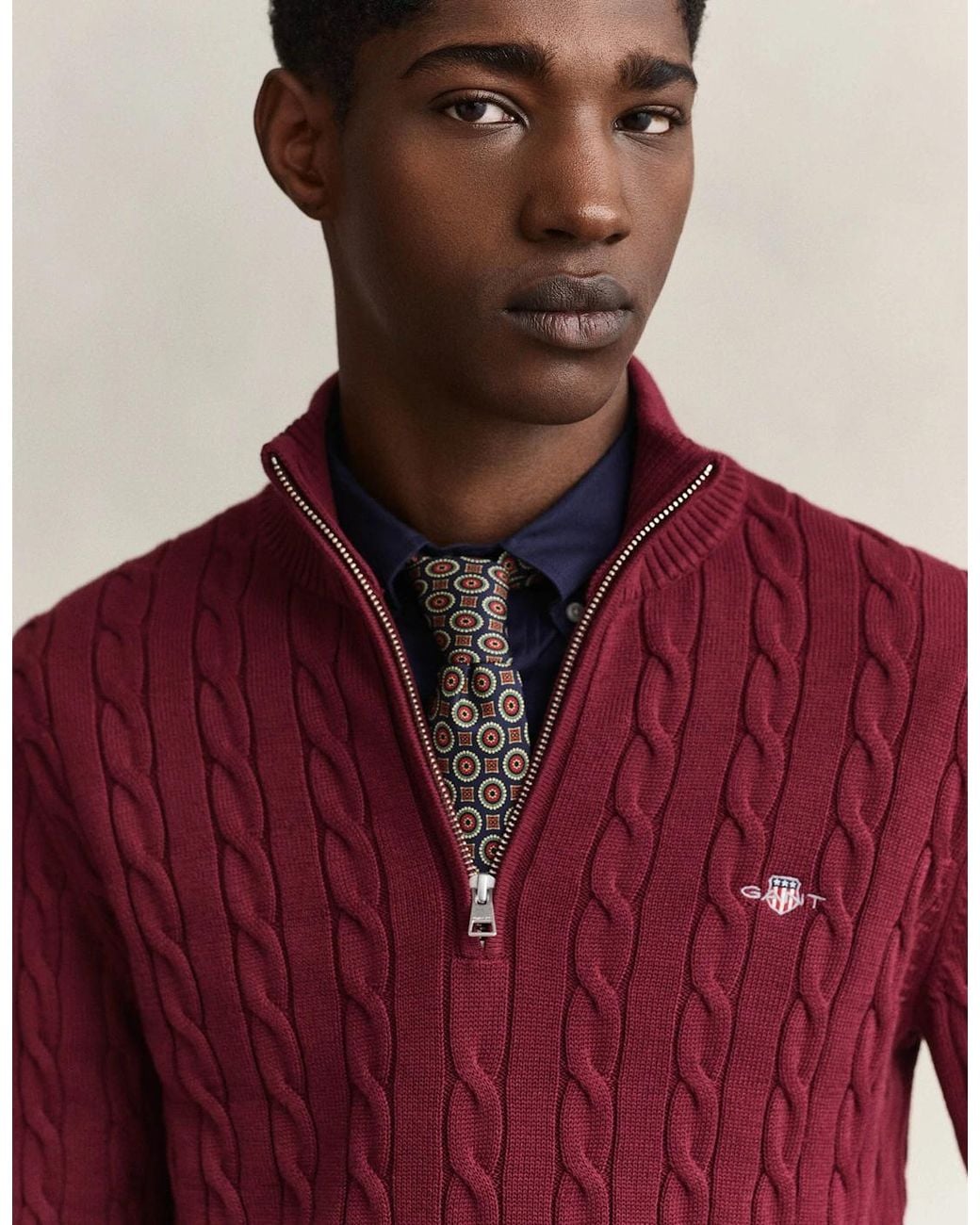 Gant Red Cotton Cable Half Zip Jumper for men