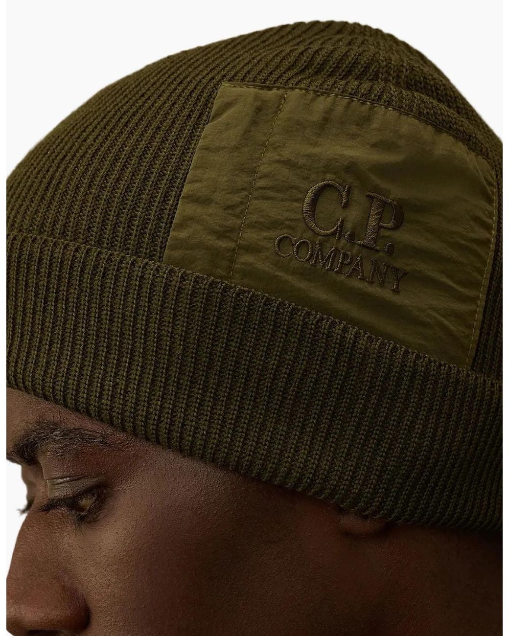 C P Company Green Extrafine Merino Wool Pocket Beanie for men