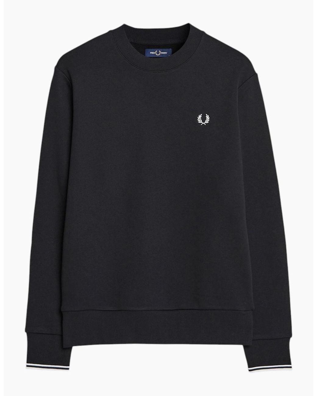 Fred Perry Black Crew Neck Sweatshirt Embroidered Logo Pullover Cotton for men