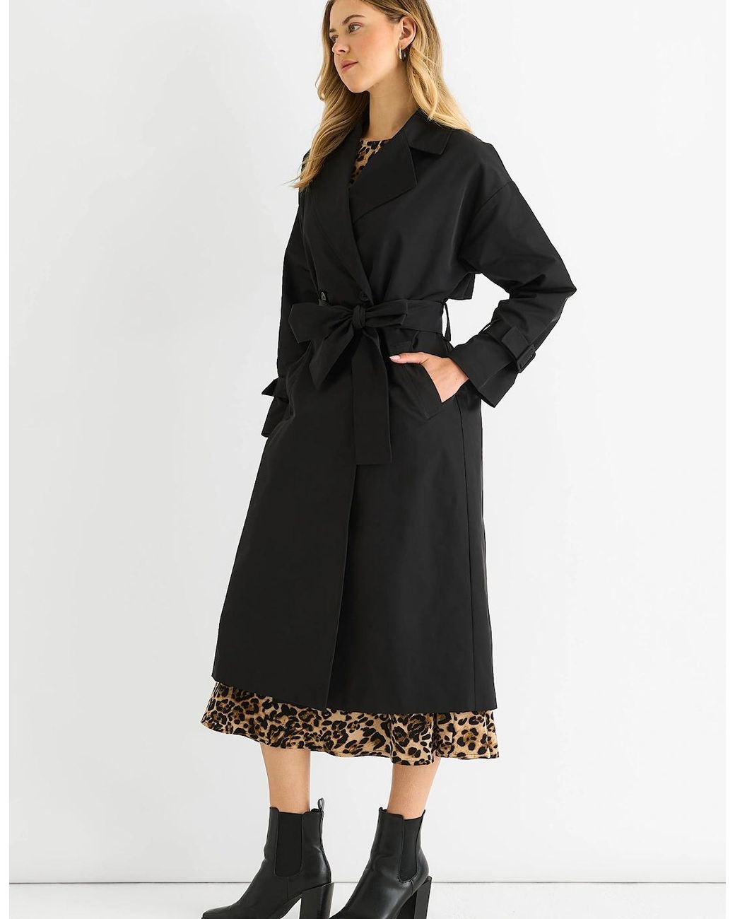 Gini London Black Double Breast Longline Belted Trench Coat