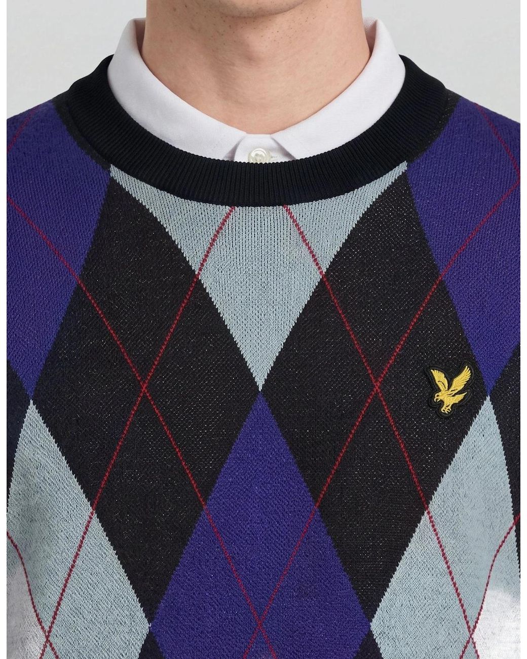 Lyle & Scott Blue Archive Argyle Crew Neck Jumper for men