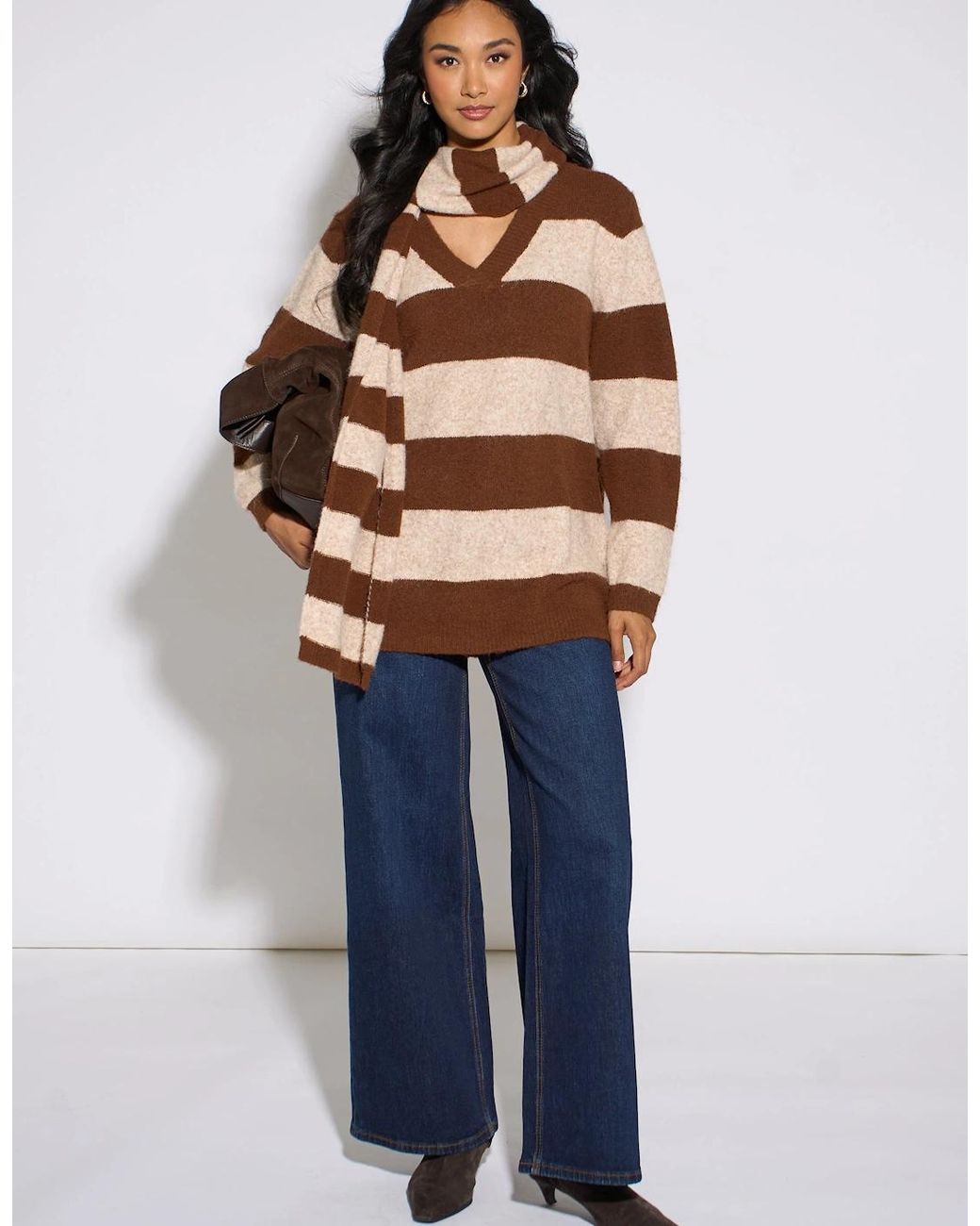 Gini London Brown Stripe V Neck Scarf Jumper