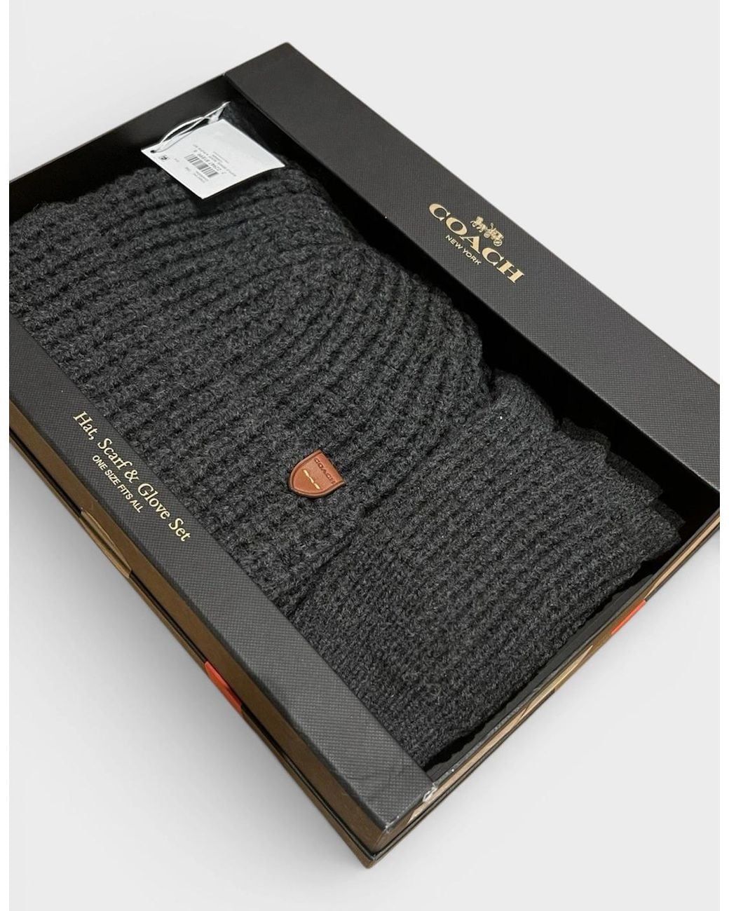 COACH Black Waffle Beanie Hat, Scarf & Glove Set Charcoal for men