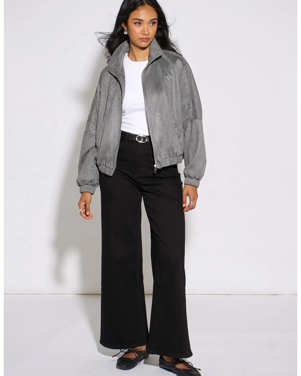 Gini London Gray Faux Suede Funnel Neck Bomber Jacket