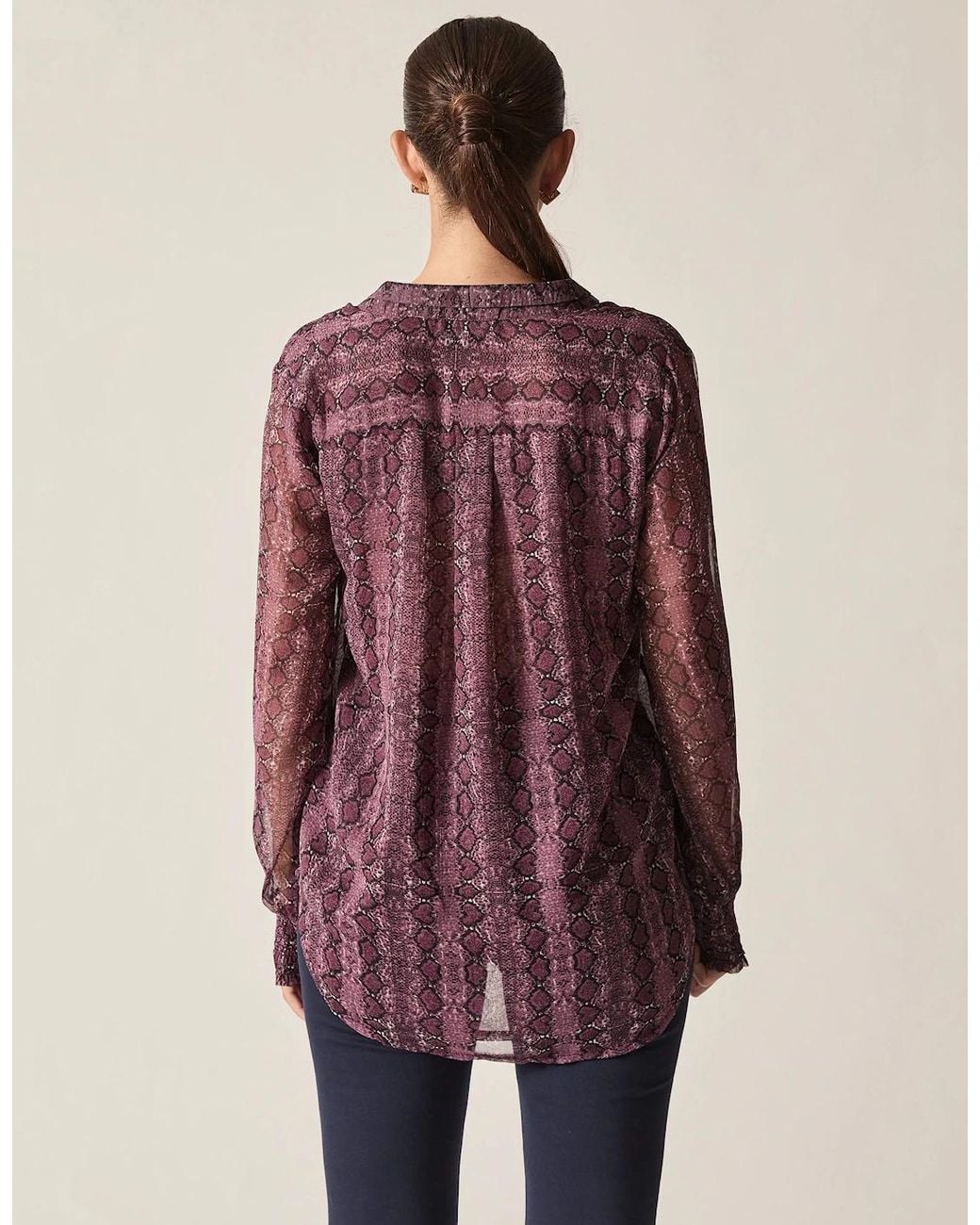 James Lakeland Purple Snake Print Sheer-Sleeve Blouse