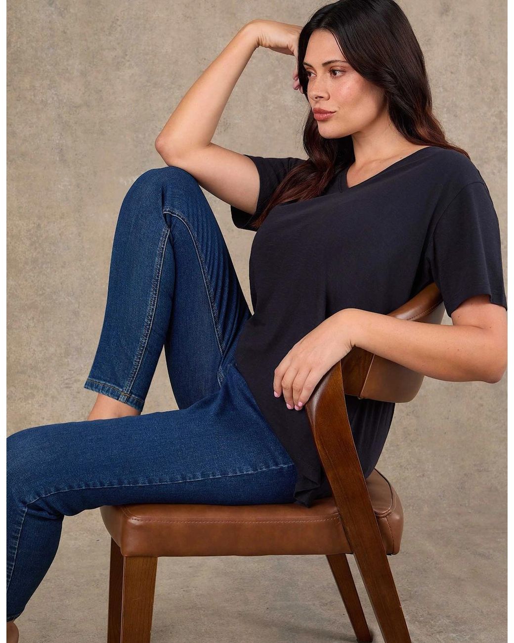 Live Unlimited London Blue Cotton Slub V Neck T-Shirt