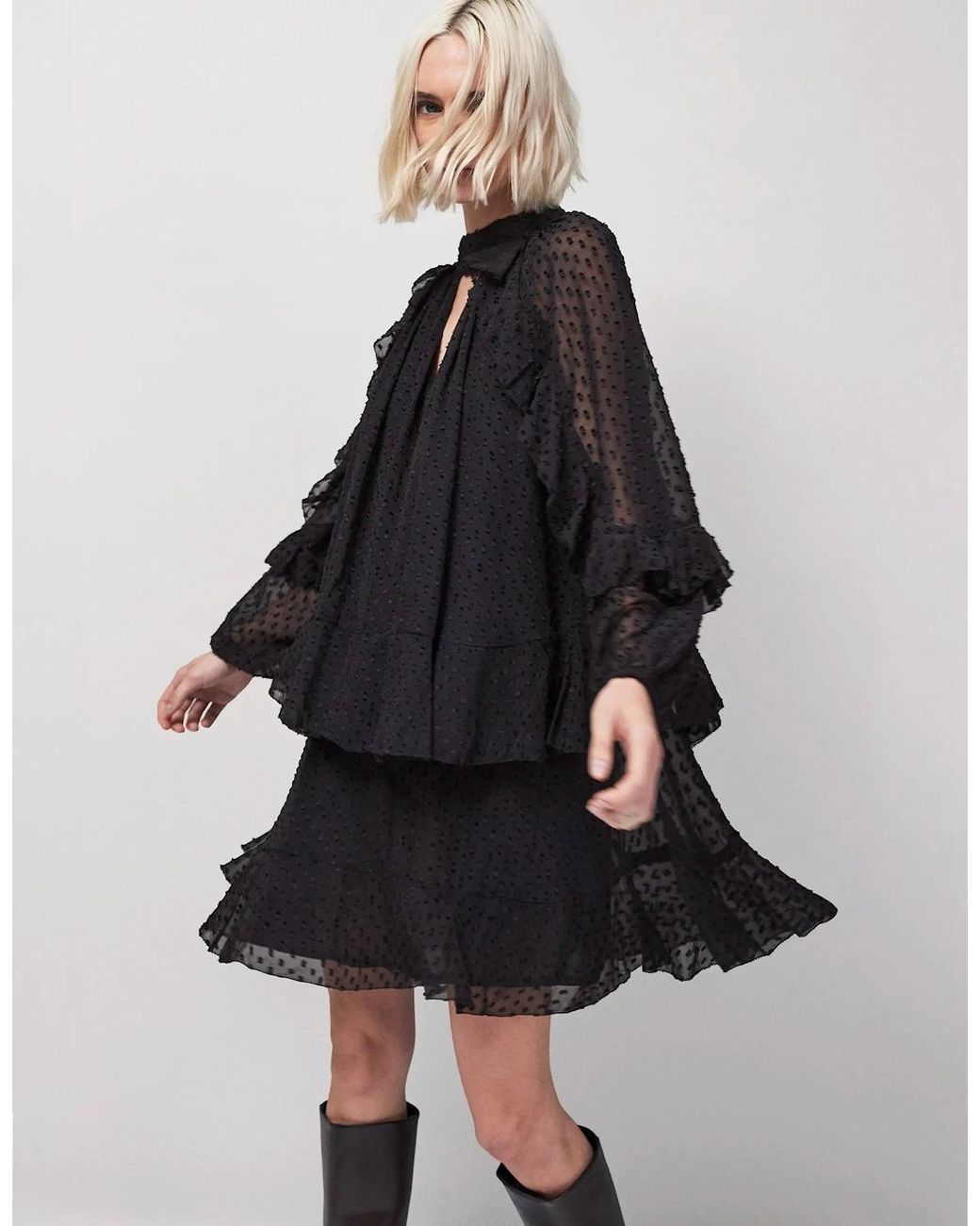 Ro&zo Black Dobby Ruffle Short Dress