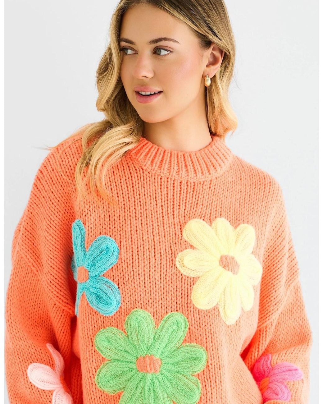 Gini London Blue Floral Crochet Chunky Knit Oversized Jumper