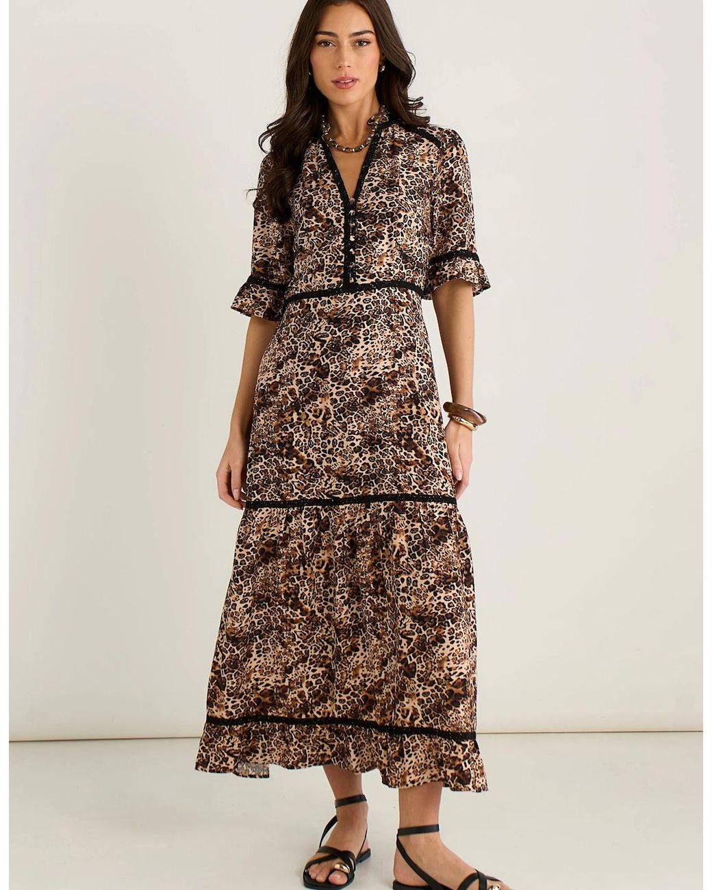 Gini London Brown Animal Print Lace Trim Tiered Midi Dress