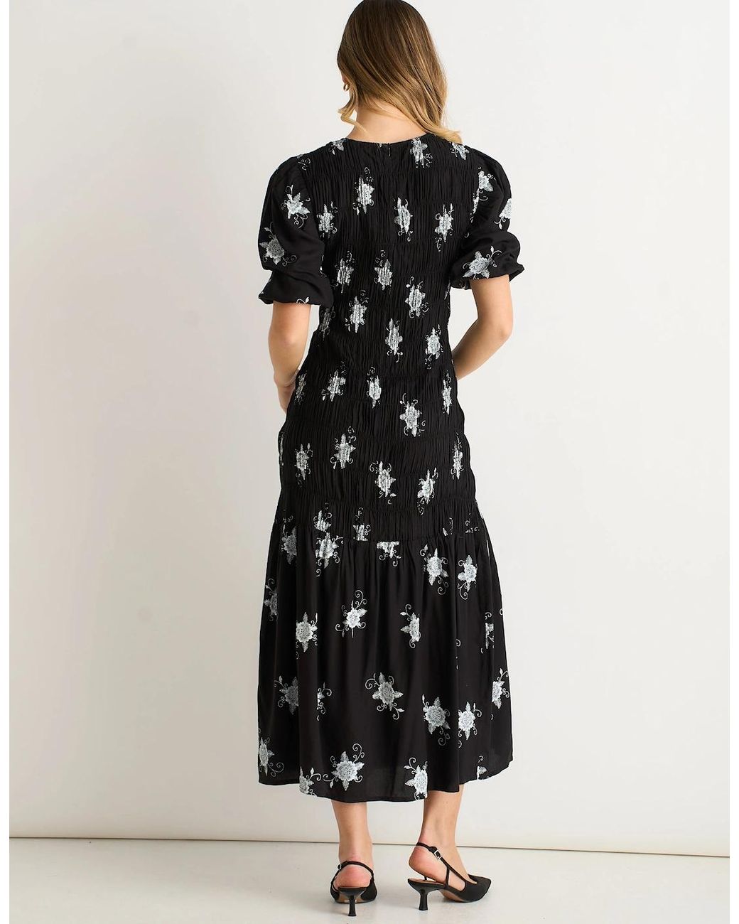 Gini London Black 3/4 Sleeves Paisley Ruched Midi Dress