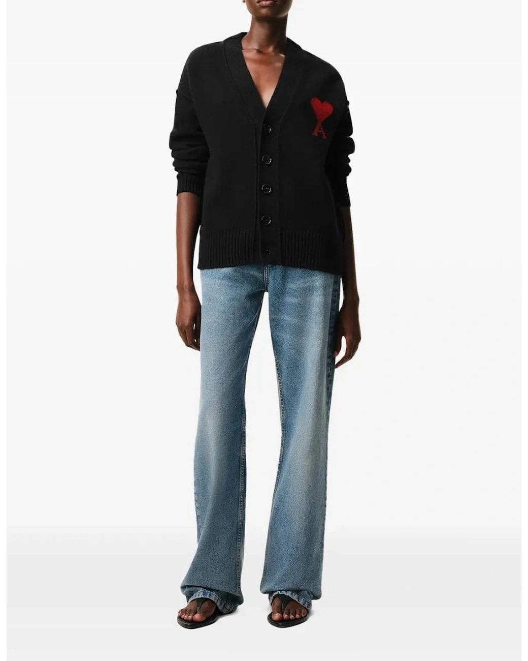 AMI Black Contrasted Ami De Coeur Cardigan for men