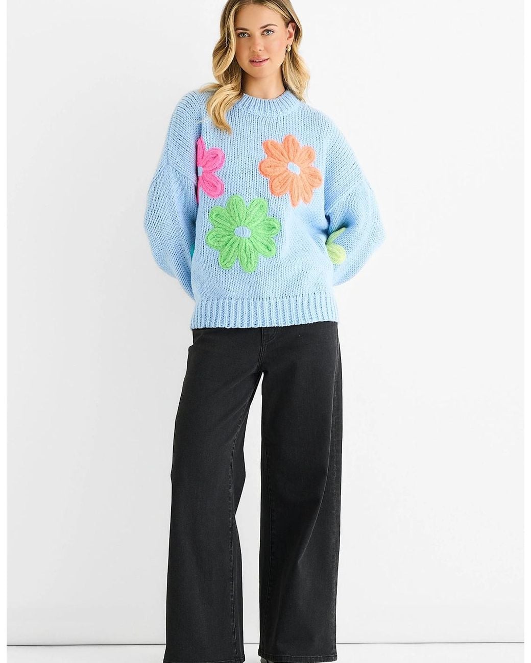 Gini London Blue Floral Crochet Chunky Knit Oversized Jumper