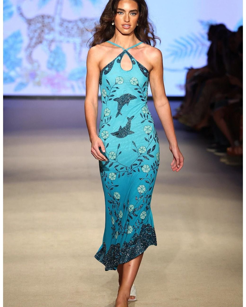 Oceanus Blue Dolphin Aqua Halterneck Hand Beaded Maxi Dress