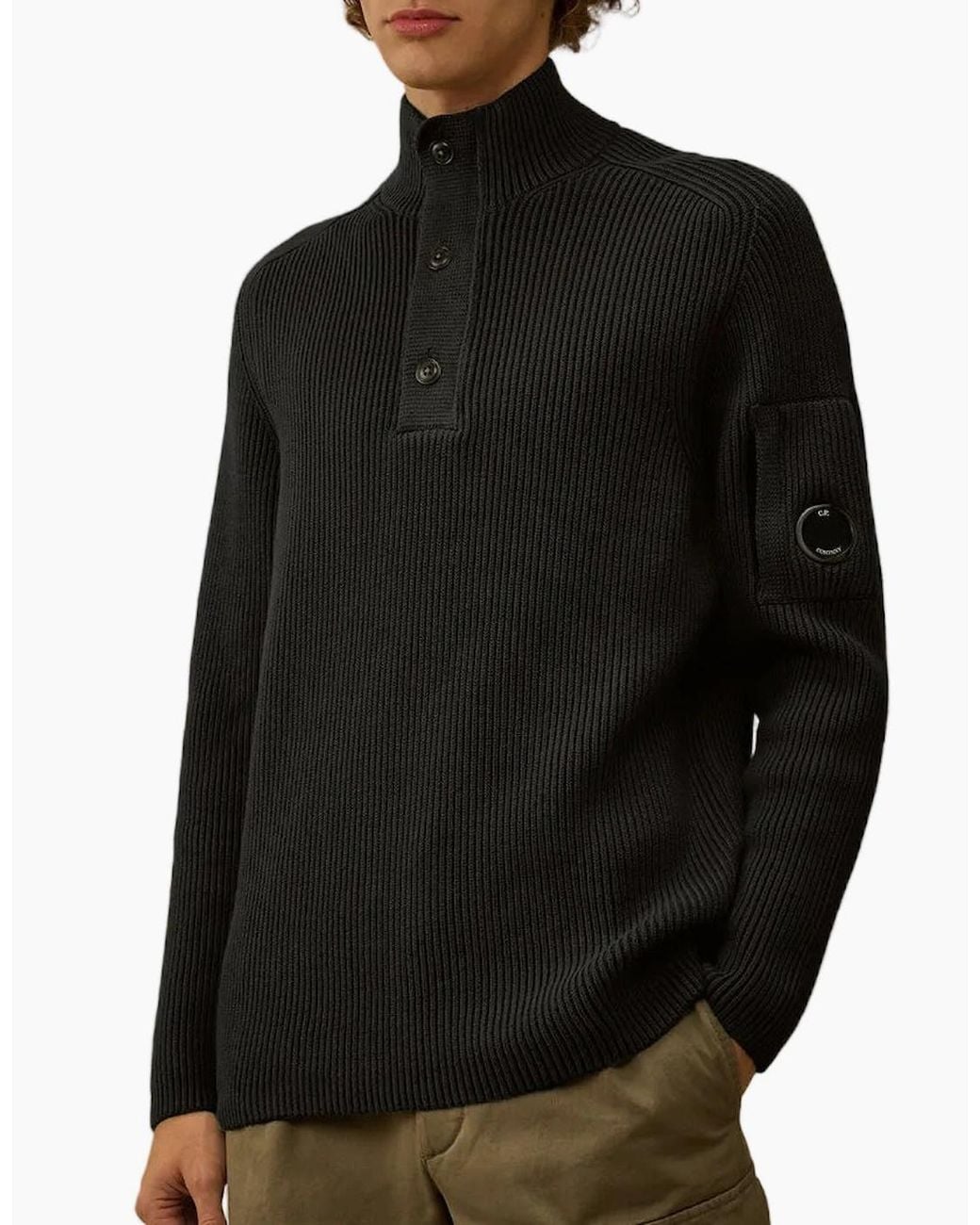 C P Company Black Full Rib Half Button Lens Knit for men