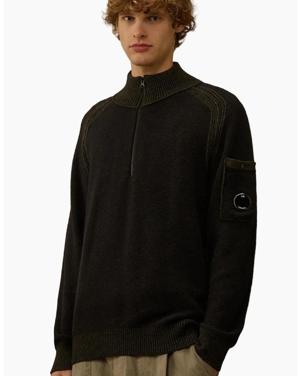 C P Company Black Polo Collar Quarter Zip Lens Fleece Knit for men