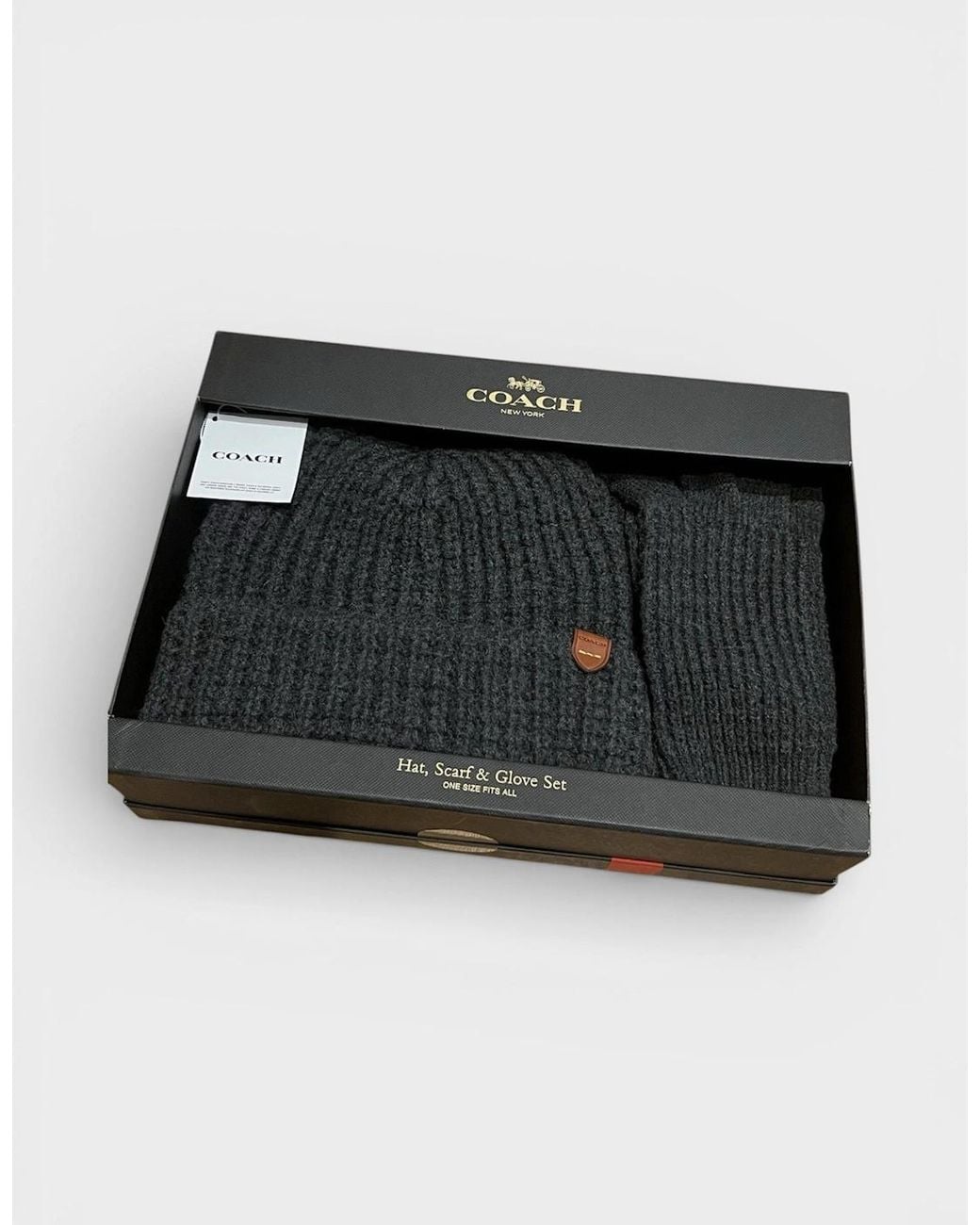 COACH Black Waffle Beanie Hat, Scarf & Glove Set Charcoal for men