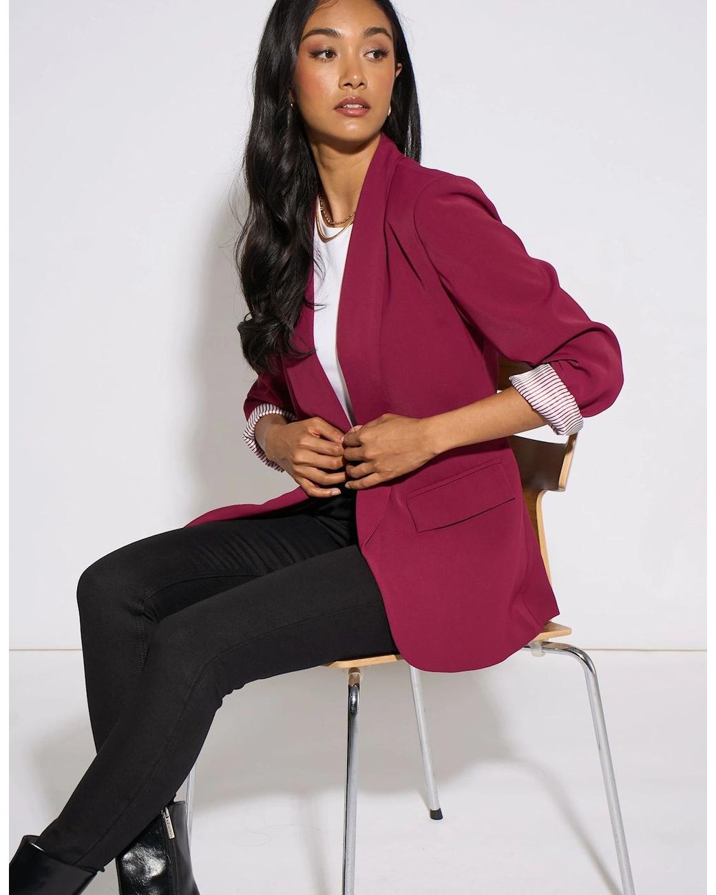 Gini London Purple Mulberry Contrast Sleeve Edge To Edge Blazer