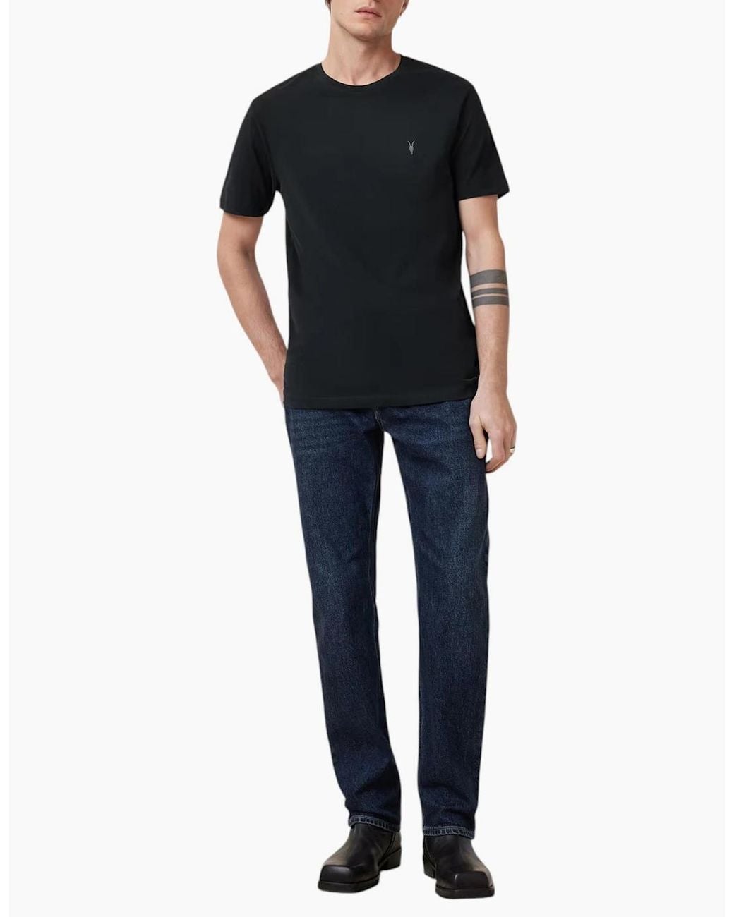 AllSaints Black T Shirts Lycra Stretch Cotton Crew Neck Short Sleeve Summer Tee for men