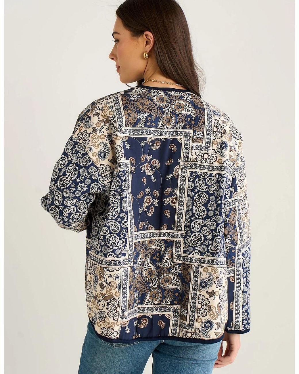 Gini London Blue Paisley Tile Print Lightweight Viscose Quilted Jacket