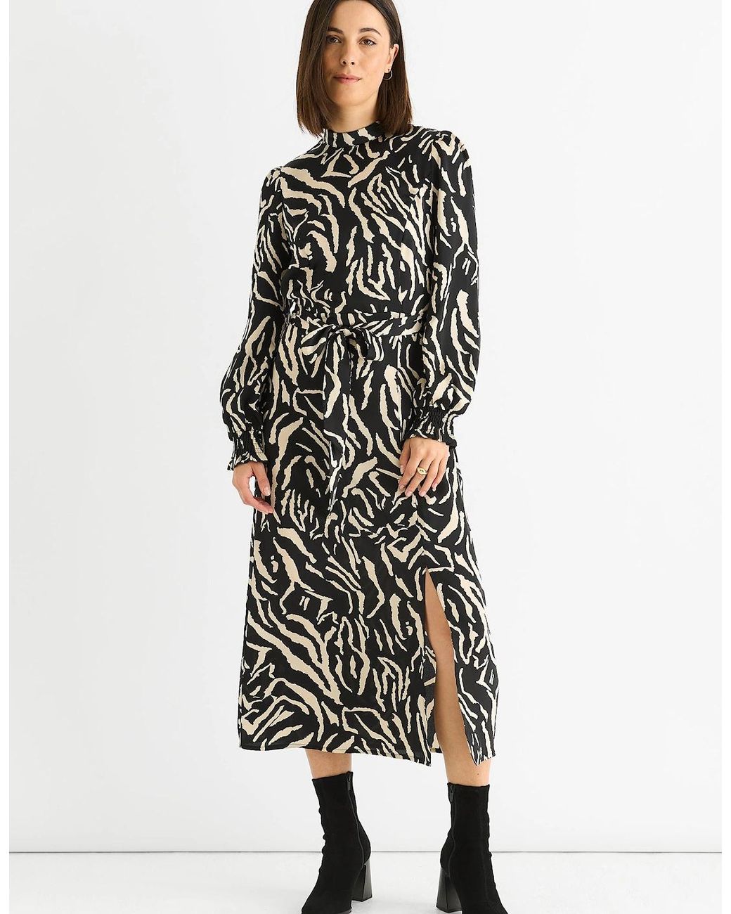 Gini London White Animal High Neck Satin Midi Dress