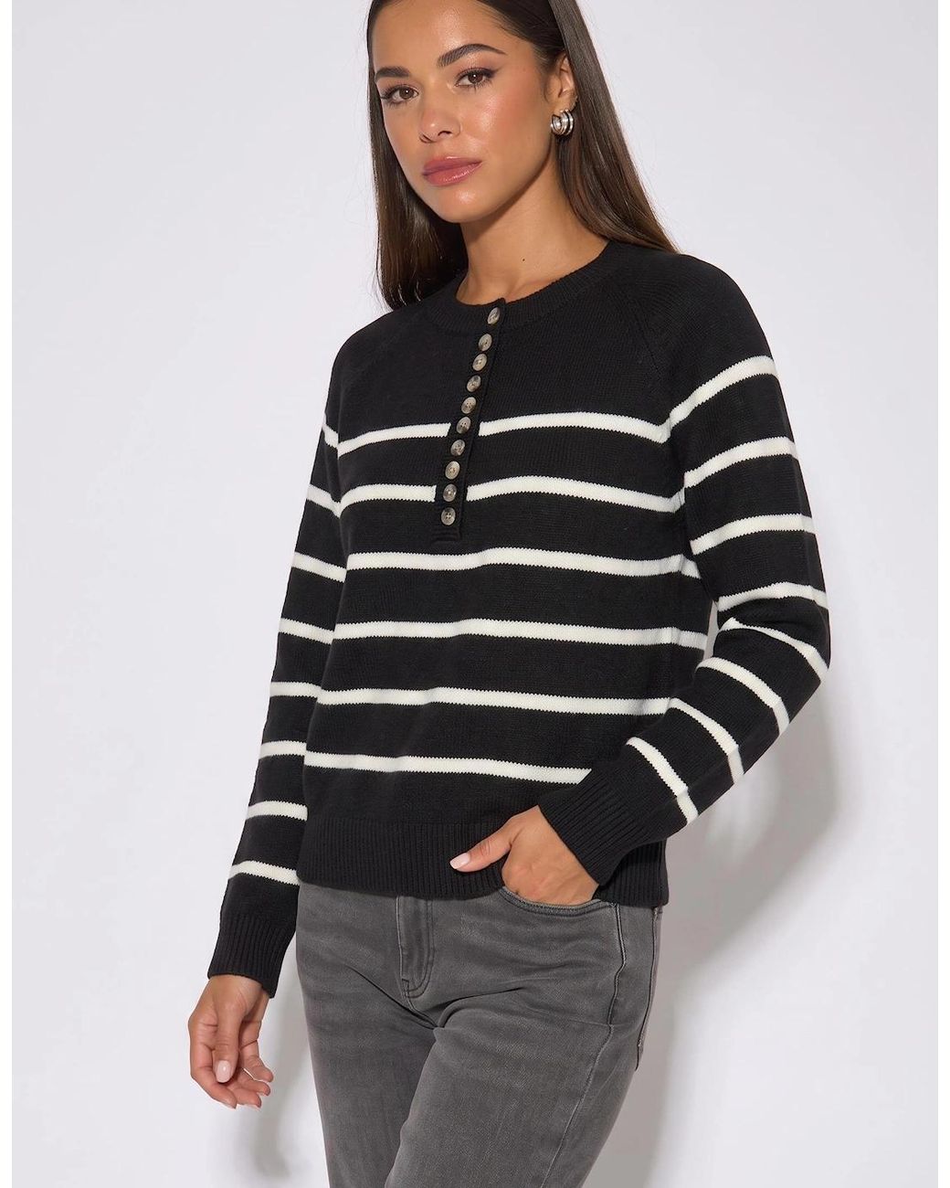 Gini London Blue Recycle Mix Stripe Button Up Loose Fit Knit Jumper