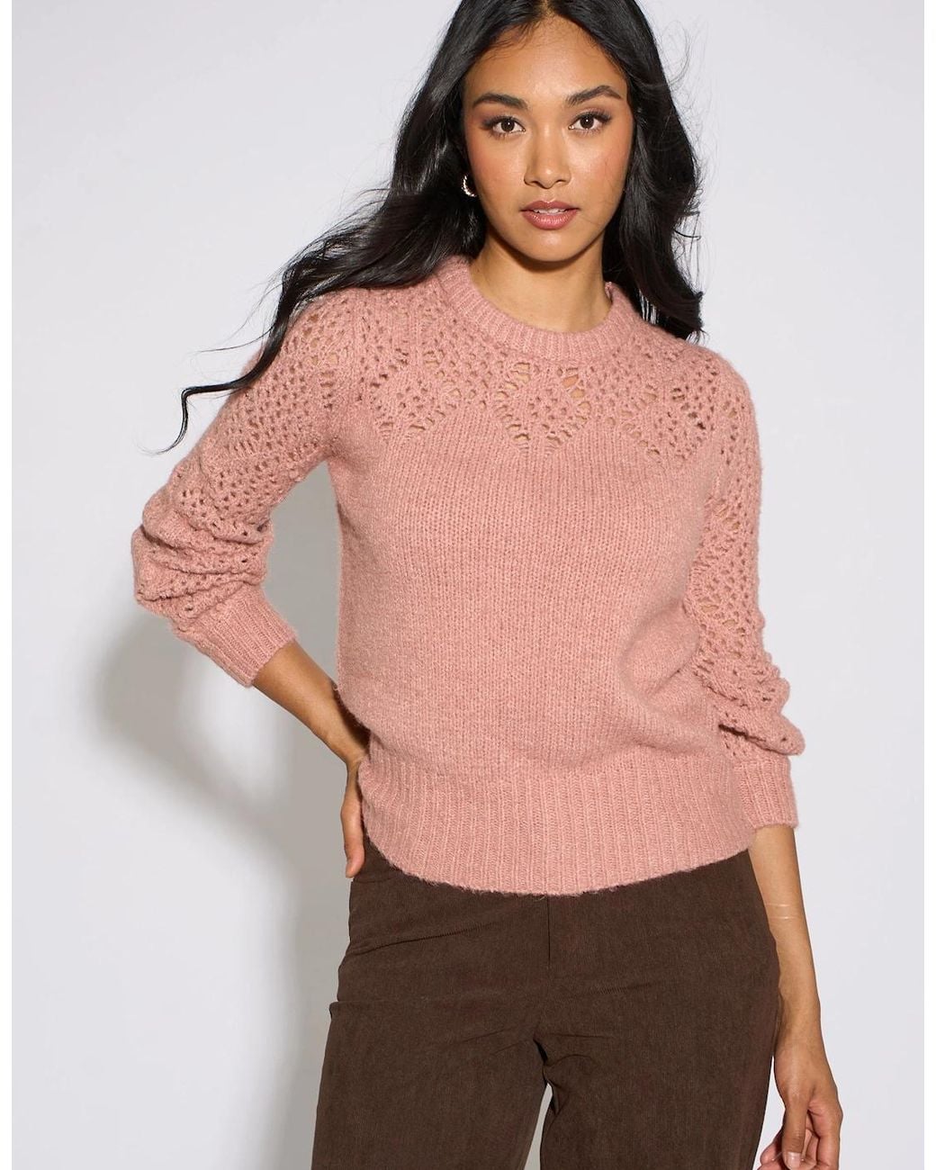 Gini London Pink Crochet Yoke Long Sleeve Jumper