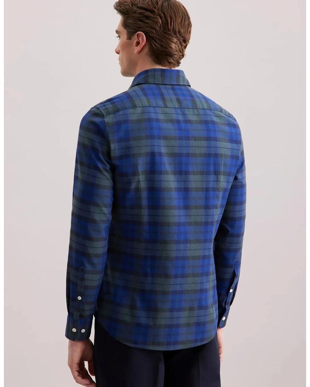 Seidensticker Blue Slim Fit Spread Kent Check Flannel Shirt Dark for men
