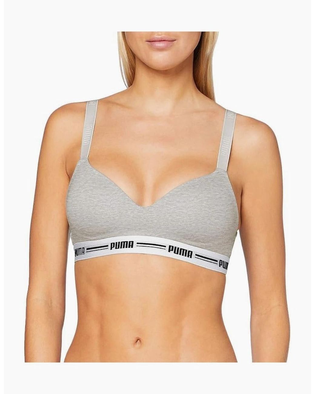 PUMA White Striped Logo Padded Bra Top, Melange