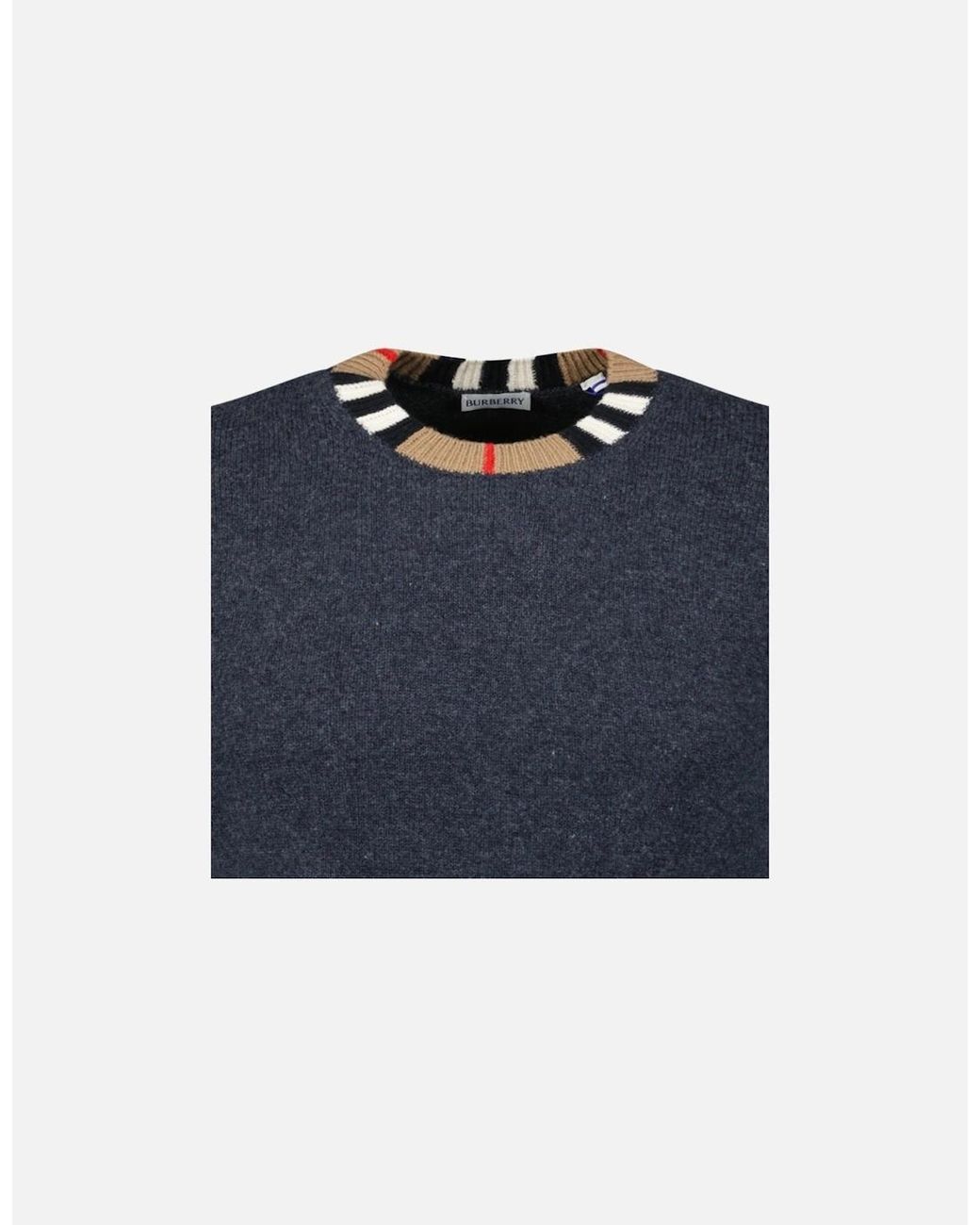 Burberry Blue 'Noland' Knitted Wool/ Cashmere Jumper Check Neck Charcoal for men