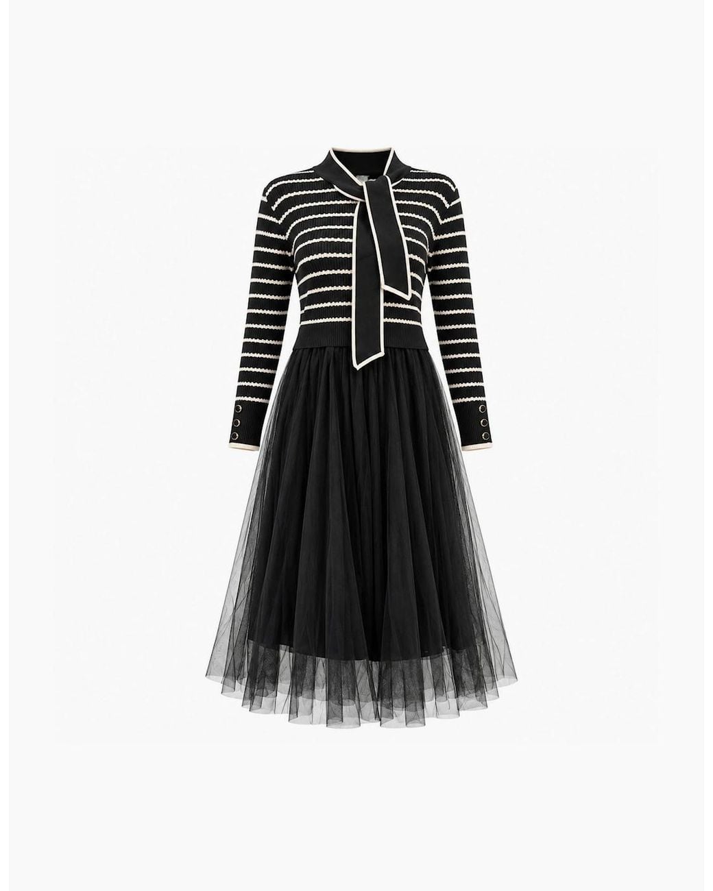 James Lakeland Black Striped Knit & Tulle Midi Dress