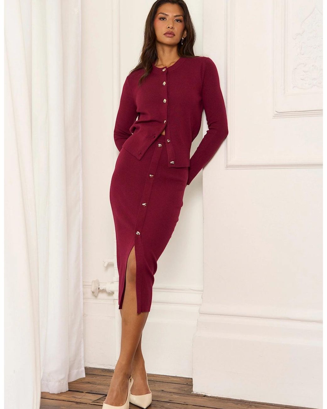 Gini London Red Mulberry Button Fine Knit Cardigan