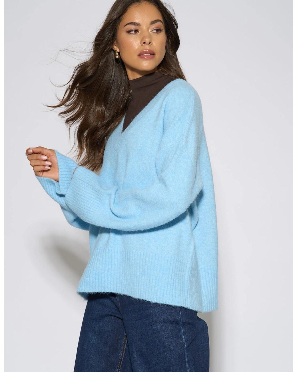Gini London Blue Bright V Neck Recycle Mix Knit Jumper