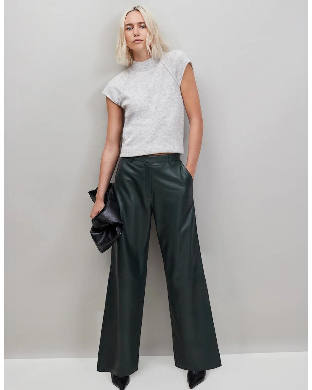 Ro&zo Green Dark- Leather Wide-Leg Trousers