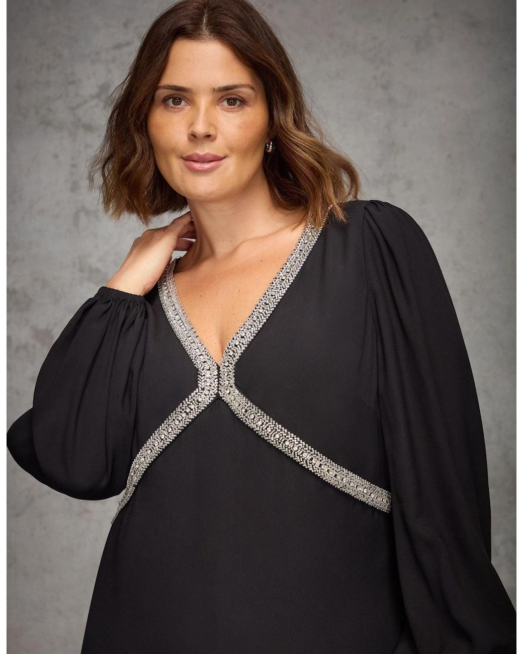 Live Unlimited London Gray Embellished Trim Midaxi Dress
