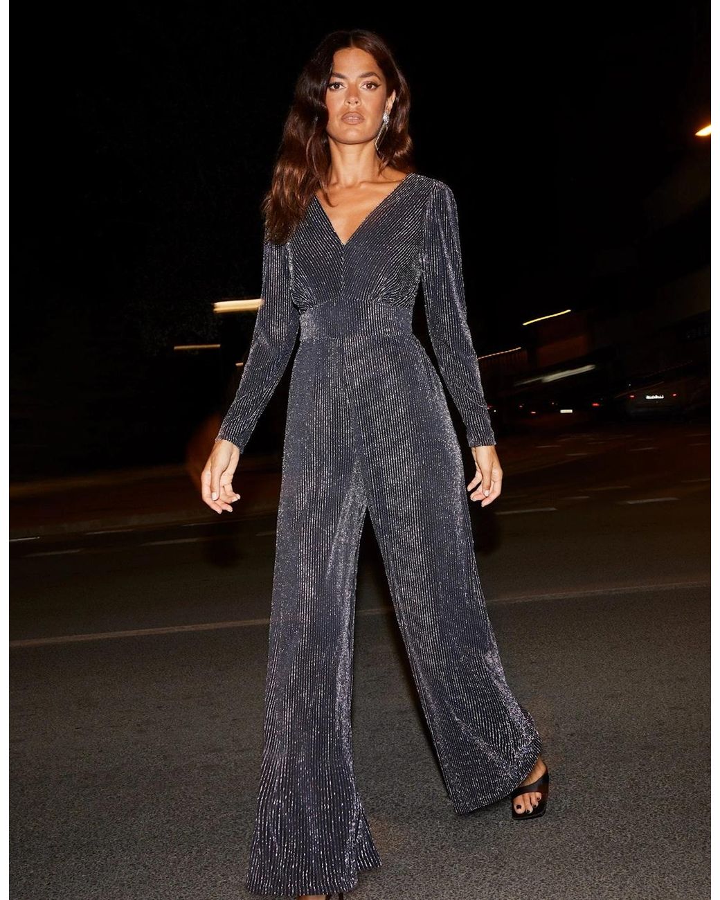 Ro&zo Gray Eliza Sparkle Jersey V-Neck Jumpsuit