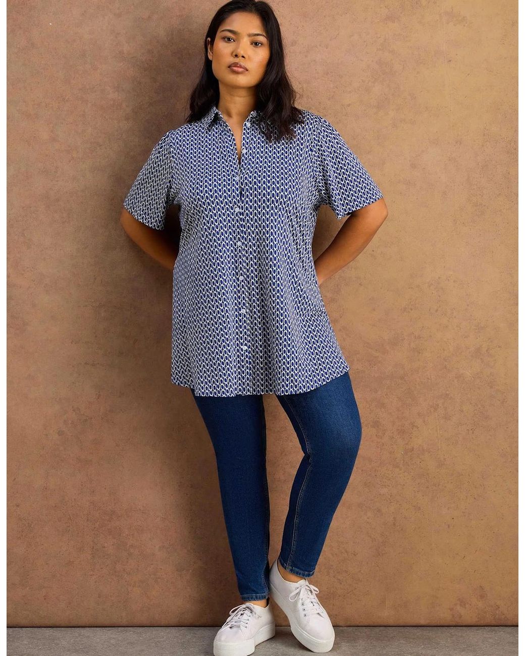 Live Unlimited London Blue Petite Geo Short Sleeve Jersey Shirt