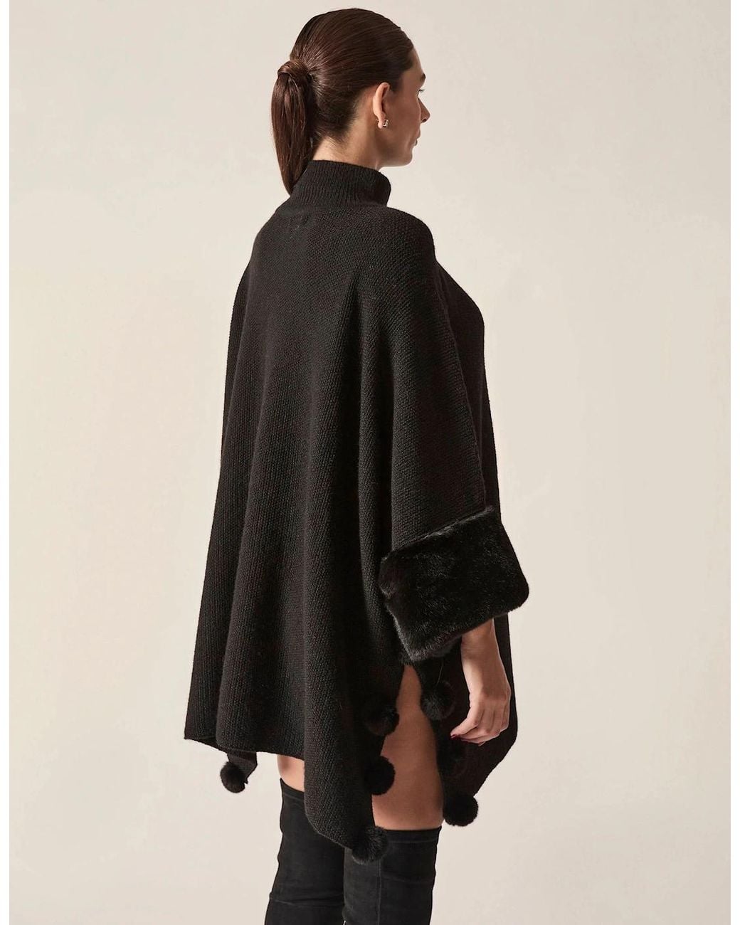 James Lakeland Black Pom Pom Faux Fur Knit Poncho