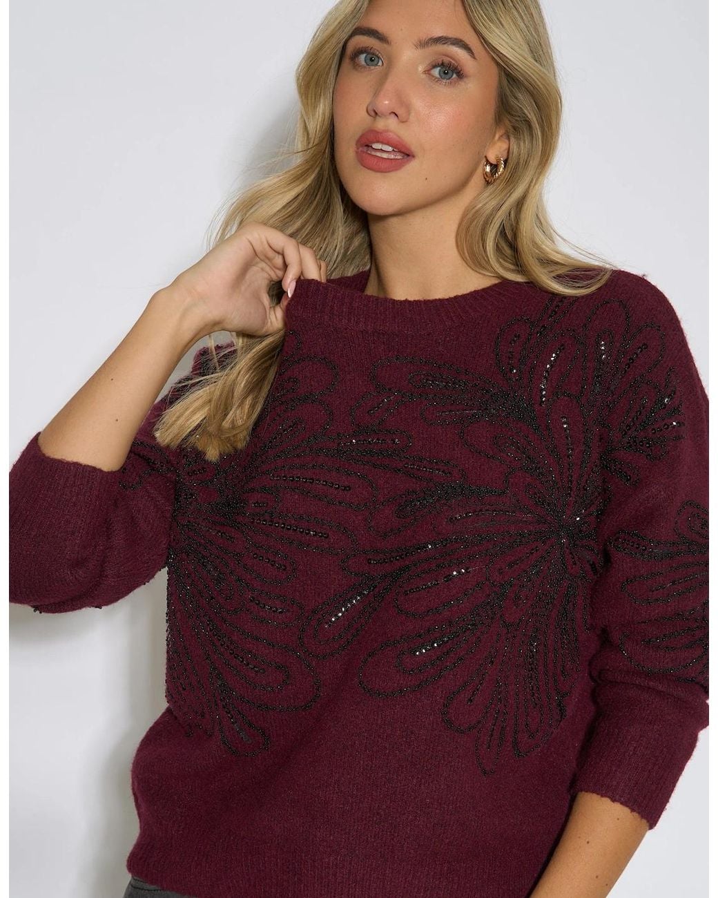 Gini London Red Mulberry Floral Beaded Recycle Content Mix Jumper