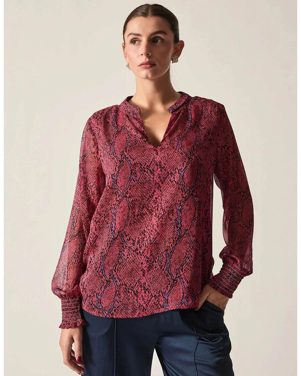James Lakeland Red Burgundy Snake Print Blouse