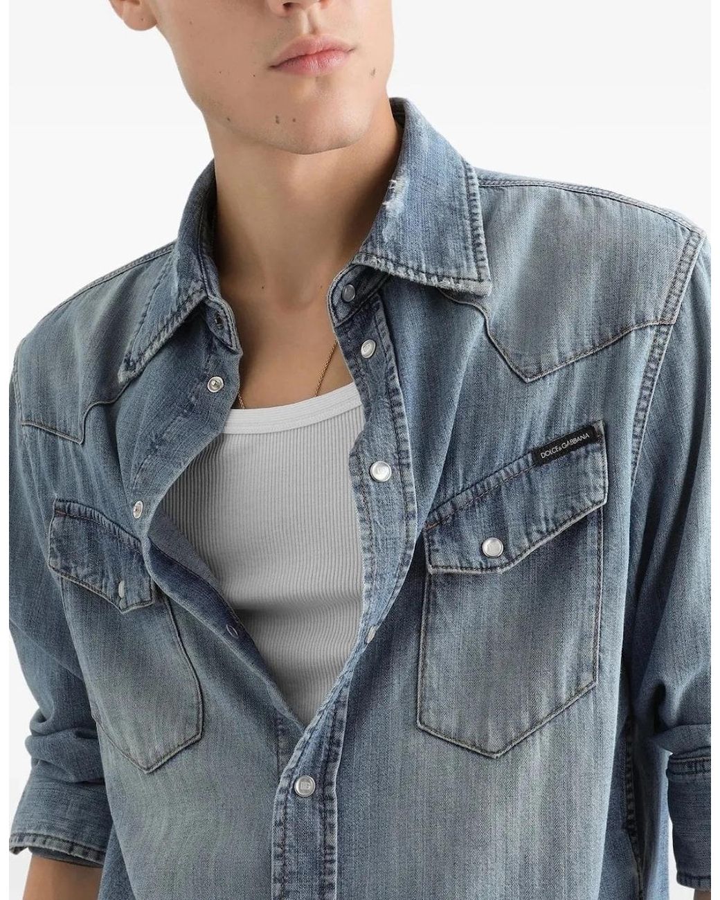 Dolce & Gabbana Blue Denim Western Shirt for men