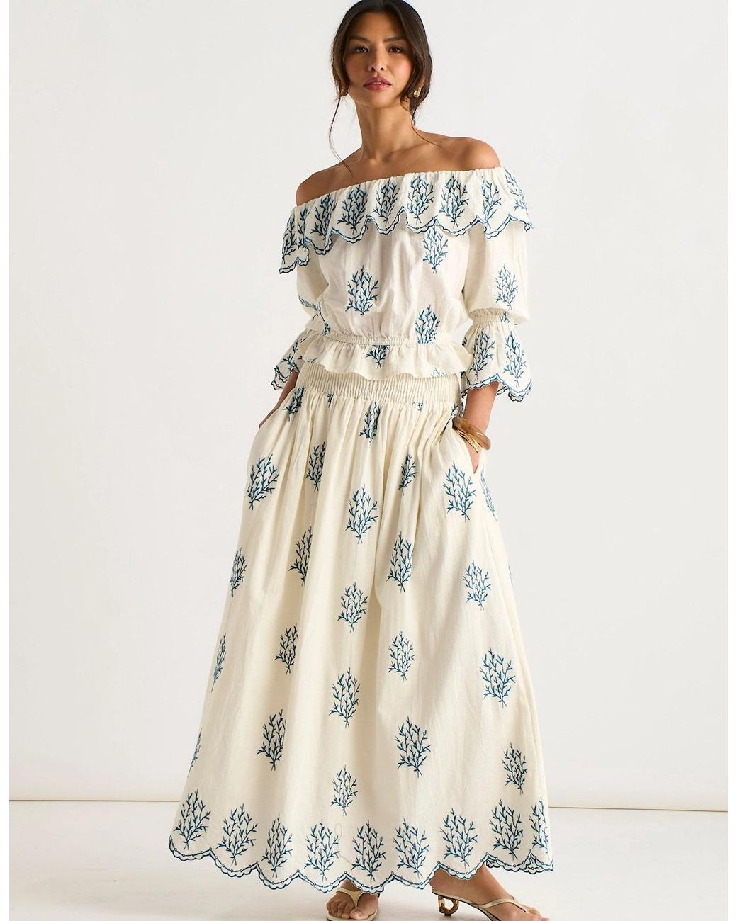 Gini London Natural Marshmallow Cotton Embroidered Skater Maxi Skirt