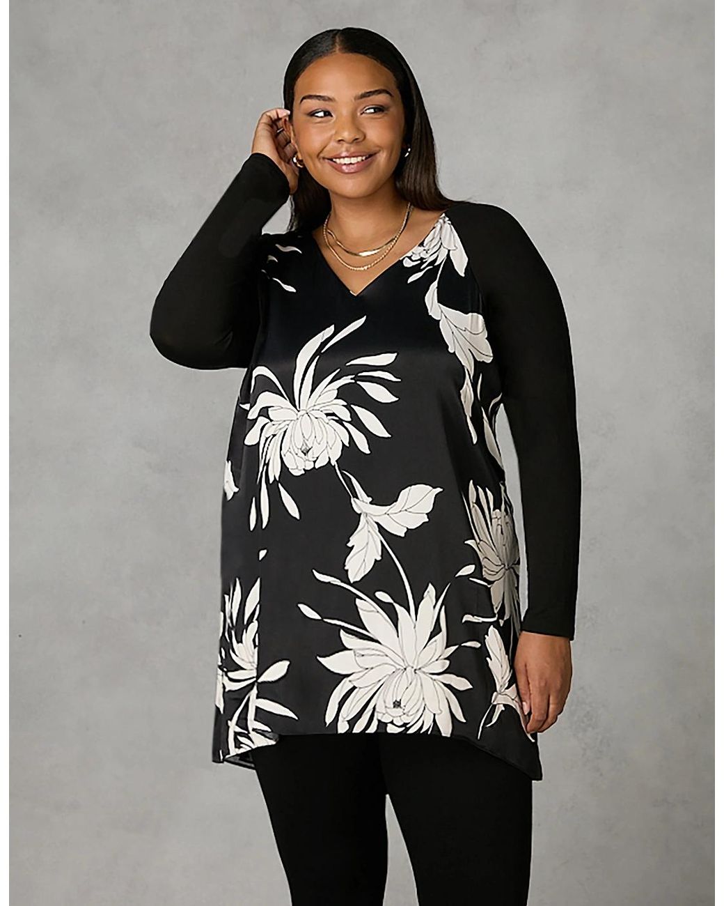 Live Unlimited London Stone Floral Print Satin Front High Low Tunic in ...