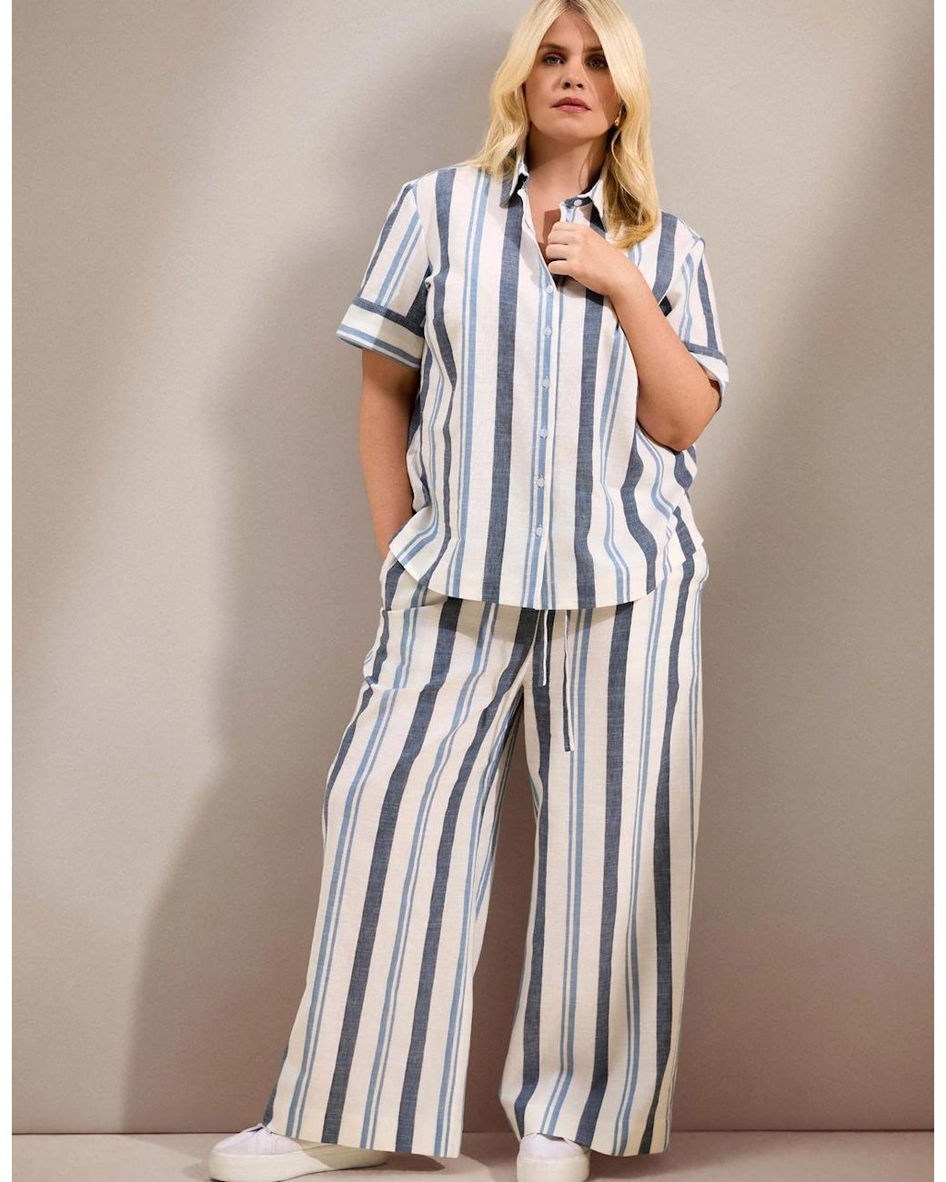 Live Unlimited London Blue Stripe Short Sleeve Linen Shirt