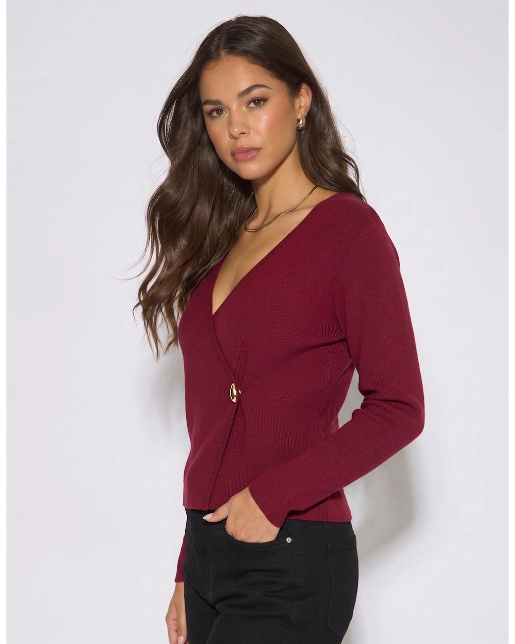 Gini London Red Burgundy Button Wrap Compact Knit Cardigan