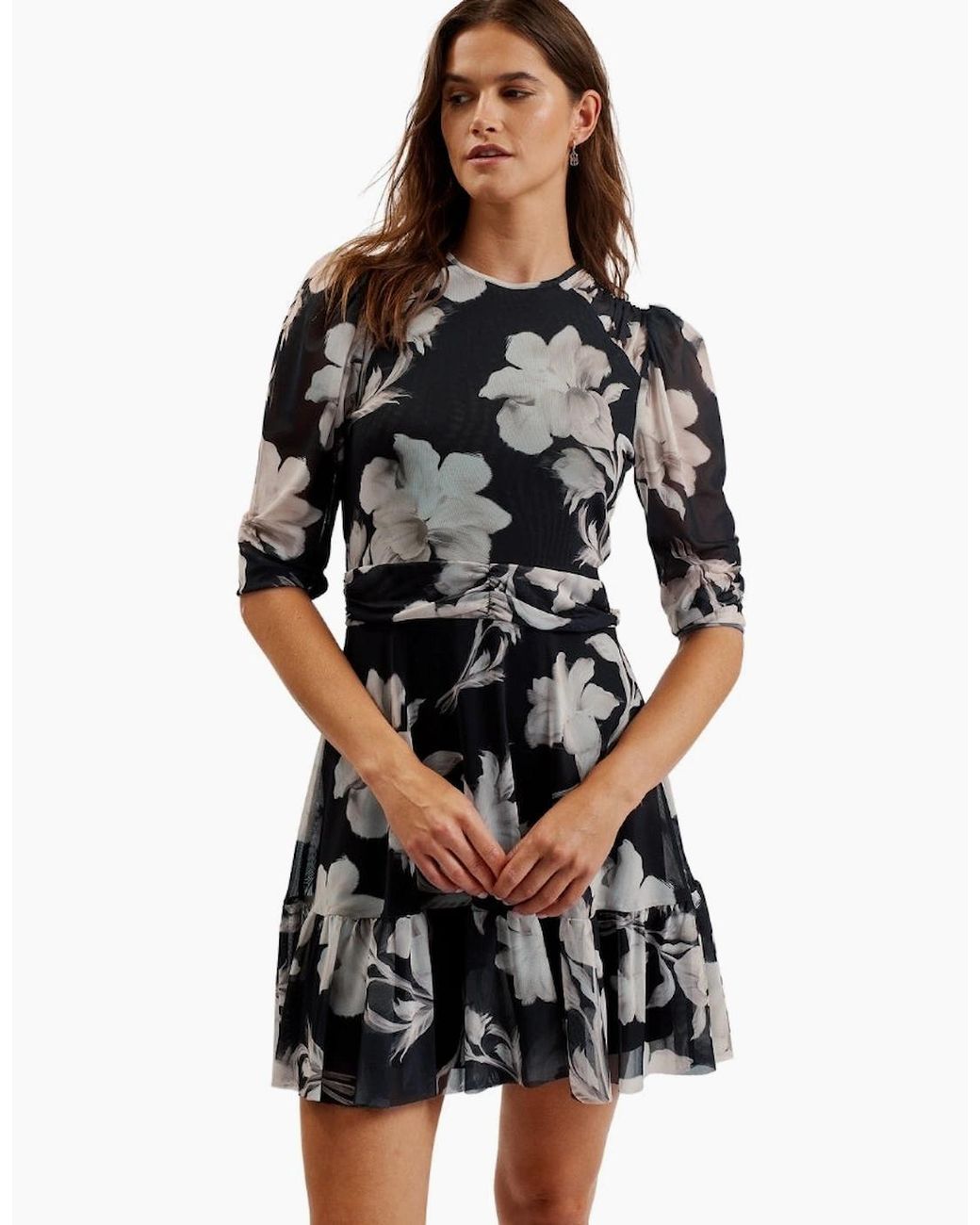 Ted Baker Black Carmel Gathered Shoulder Mesh Mini Dress
