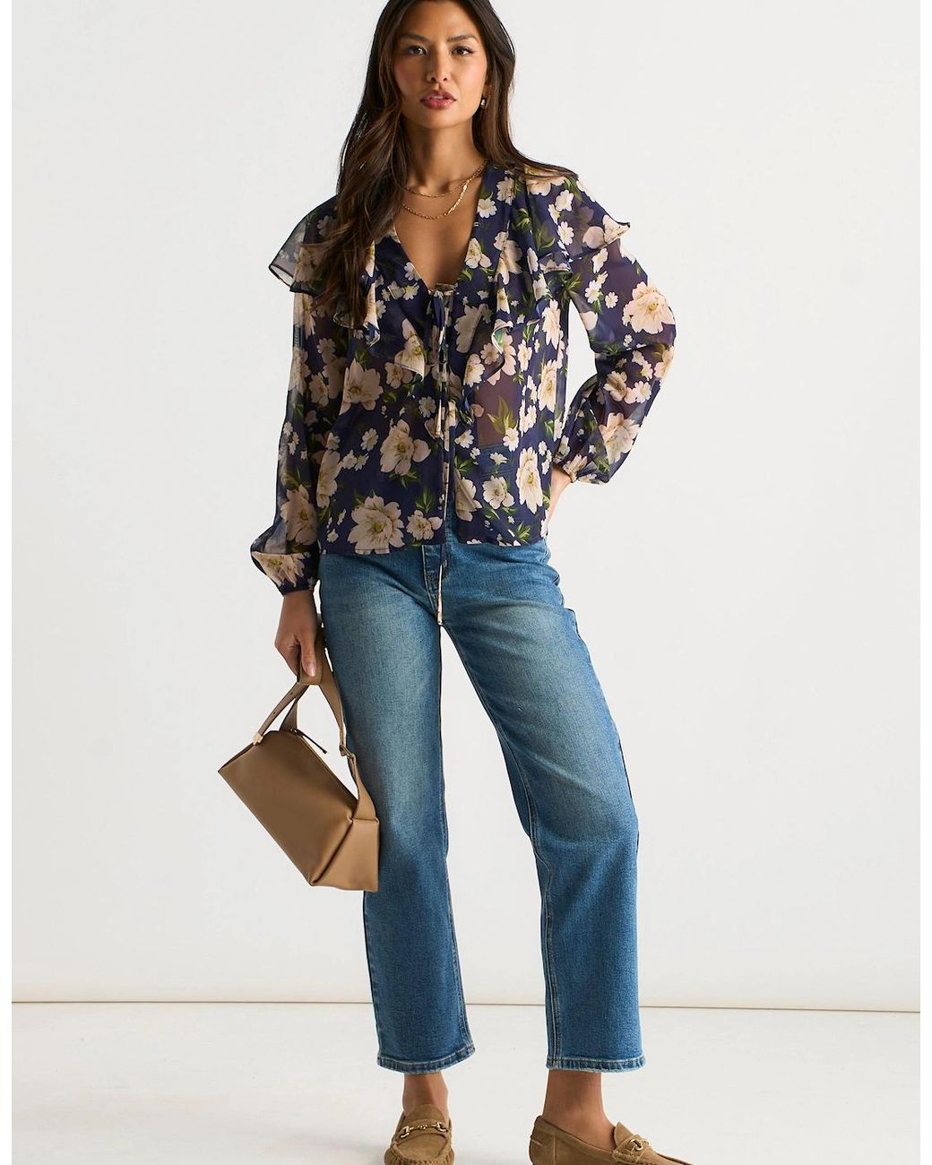 Gini London Blue Elegant Floral Ruffle Shoulder Blouse