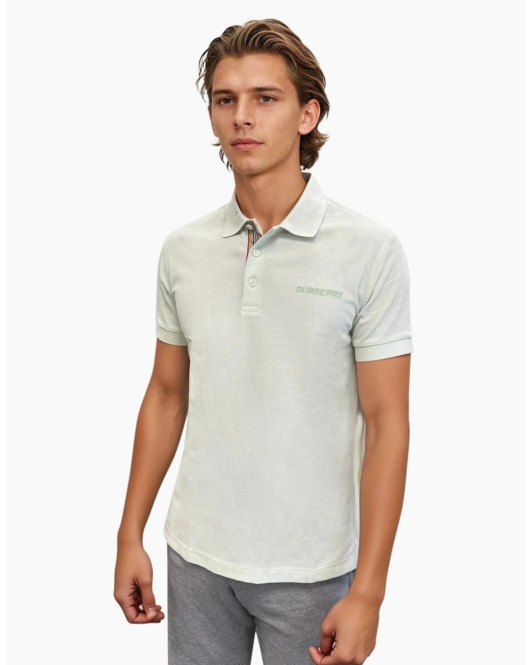 Burberry White 'Hartford' Check Placket Polo Pistachio for men
