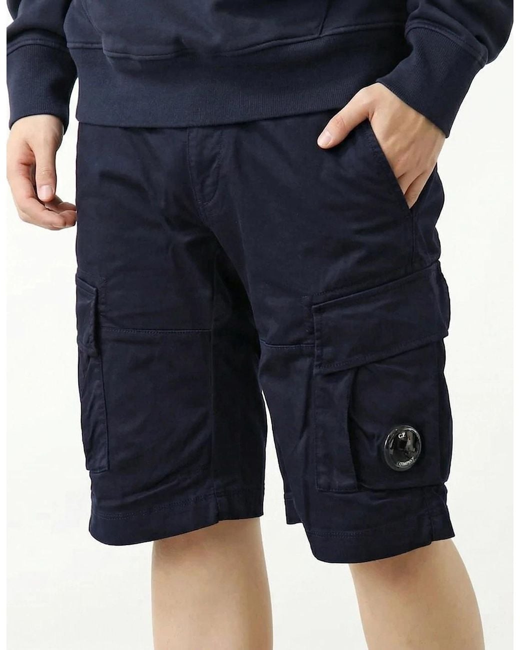 C P Company Blue Stretch Sateen Cargo Lens Shorts for men